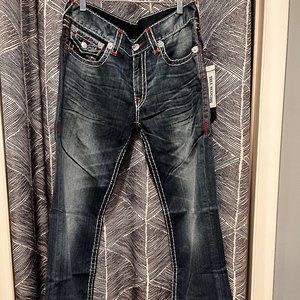 NWT True Religion Ricky Flap Straight Leg Super T Jeans/White Stitching/34